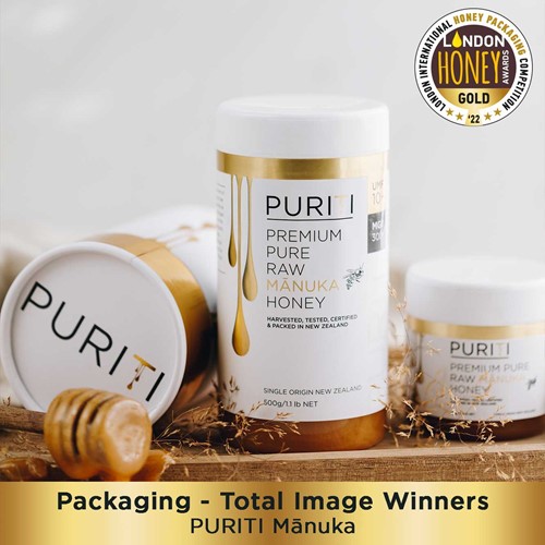 Puriti Gold medal winner for total image packaging at the London Honey Awards